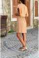 Womens Tan V-Neck Blocky Elastic Waist Dress GK-BST2855
