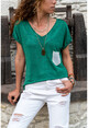 Womens Green Pocket Detailed V-Neck Blouse BST2186