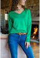 Womens Green V-Neck Basic Sweater GK-CCKYN1001