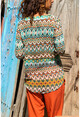 Womens Green V-Neck Ethnic Patterned Blouse GK-BST2875