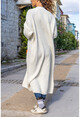 Womens Ecru Hooded Long Loose Jacket Cardigan With Pockets Garnish and Buttons GK-CCK1486