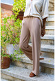 Womens Beige Waist Elastic Waist Pocketed Wide Leg Soft Textured Trousers BST3169