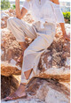Womens Beige Waist Elastic Waist Buttoned Mesh Linen Shalwar Trousers Rsd3038