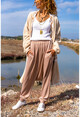 Womens Beige Waist And Leg Elastic Pocket Soft Textured Baggy Trousers GK-BST3170