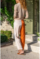 Womens Beige-Tied Color Block Belted Shiny Trousers BST3133