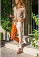Womens Beige-Tied Color Block Belted Shiny Trousers BST3133