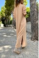 Kadın Bej Polo Yaka Yanı Yırtmaçlı Tek Cep Uzun Salaş Elbise Bst3463
