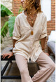 Kadın Bej Pul İşlemeli Yıkamalı Keten Cepli Salaş Gömlek RSD2080