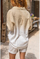 Womens Beige Washed Linen Gradient Half Pat Blouse Gk-Rsd3009
