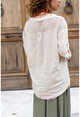 Womens Beige Washed Linen Mesh Detailed Half Pop Blouse RSD3000