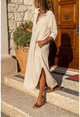 Womens Beige Washed Linen Half-Pleated Pocket Dress GK-RSD2083