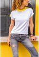 Womens White Color Block Shoulder Garnish T-Shirt Bst3229