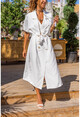 Kadın Beyaz Keten Ceket Yaka Kemerli Salaş Elbise BST3162