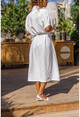 Womens White Linen Jacket Collar Belted Loose Dress BST3162