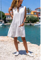 Kadın Beyaz Keten Yakası Yırtmaçlı Cepli A Kesim Salaş Elbise Bst3428