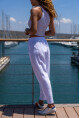 Kadın Beyaz Müslin Beli Lastikli Cepli Salaş Pantolon Bst3416