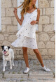 Kadın Beyaz Şifon Deri Askılı Çiçek Nakışlı Çift Kat A Kesim Kiloş Elbise Bst3420
