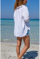 Kadın Beyaz Yıkamalı Keten Yanı Düğmeli Çift Cep Salaş Gömlek Gk-Rsd3013