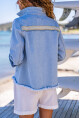 Kadın Buz Mavi Kendinden Dokulu Eteği Püsküllü Hasır Detaylı Cepli Kot Ceket BSTKT0076