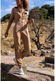 Womens Camel Zipper Pocket Elastic Waist Knitwear Jumpsuit GK-CCK5055