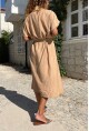 Kadın Camel Keten Ceket Yaka Kemerli Salaş Elbise Bst3162