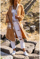 Kadın Camel Peluş Uzun Salaş Cepli Garnili Ceket GK-BST3177