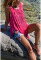 Kadın Fuşya Yıkamalı Etnik Baskılı Asimetrik Kesim Kolsuz Salaş T-Shirt Rsd3026