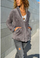 Womens Gray Lined Zipper Plush Jacket BST3190
