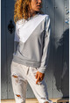 Kadın Gri-Beyaz Deri Detaylı Color Block Sweatshirt GK-CCKLD332