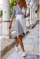 Womens Grey-White Double Breasted Color Block Asymmetrical Cut Dress GK-CCKLD330