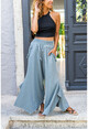 Womens Gray Washed Linen Elastic Waist Asymmetrical Cut Tasseled Loose Trousers Rsd3032