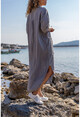 Kadın Gri Yıkamalı Keten Yarım Patlı Cepli Elbise Gk-Rsd2083