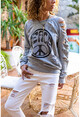 Womens Gray Washed Ripped Sequins Embroidered Sweatshirt RSDY110