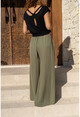 Womens Khaki Waist Elastic Pocket Wide Leg Crepe Trousers BST3222