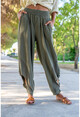 Womens Khaki Waist Elastic Waist Buttoned Mesh Linen Shalwar Trousers Rsd3038