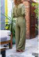 Womens Khaki Straw Detailed Self Belt Pocketed Airobin Jumpsuit BST2946