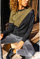 Womens Khaki-Black Leather Detailed Color Block Sweatshirt GK-CCKLD332