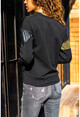 Kadın Haki-Siyah Deri Detaylı Color Block Sweatshirt GK-CCKLD332