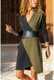 Womens Khaki-Black Double Breasted Color Block Asymmetrical Cut Dress GK-CCKLD330