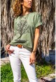 Kadın Haki Yıkamalı Fileli Baskılı Salaş T-Shirt RSD3008