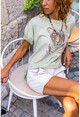 Womens Khaki Washed Tiger Printed Loose T-Shirt RSD2078