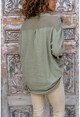 Womens Khaki Washed Linen Mesh Detailed Half Pop Blouse RSD3000