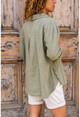 Womens Khaki Washed Linen Side Button Double Pocket Loose Shirt Gk-Rsd3013