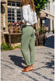 Womens Khaki High Waist Pocket Pleated Double Leg Pants GK-BST3173