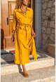 Women Mustard Self Belt Pocket Linen Shirt Dress Bst3284