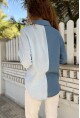 Kadın İndigo-Beyaz Müslin Color Block Salaş Gömlek Bst3458
