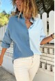 Kadın İndigo-Beyaz Müslin Color Block Salaş Gömlek Bst3458
