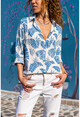 Womens Indigo-Ecru Leaf Patterned Loose Shirt CCK9077