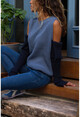 Womens Indigo-Navy Blue Off-the-Shoulder Color Block Sweater GK-CCK6143