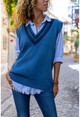 Womens Indigo V-Neck Sleeveless Oblique Striped Vest GK-CCK8010